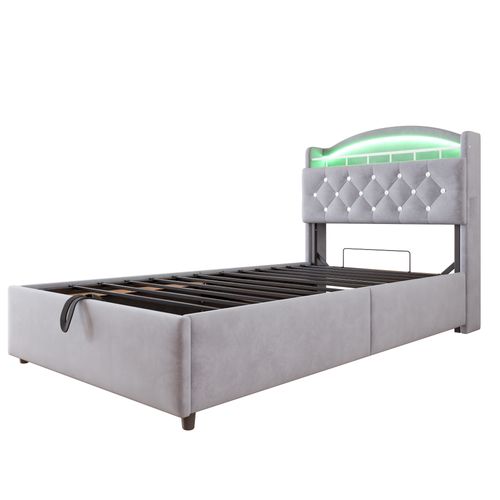 Lit Enfant Lit Cofre 90x200 Cm, Tête De Lit Réversible Avec Niche, LED, Ports USB, Velours Gris