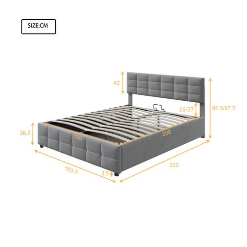 Lit Coffre Lit Double 180x200 Cm, Avec Tête De Lit Et Sommier, Velours Gris