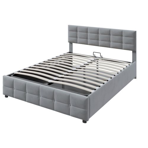 Lit Coffre Lit Double 180x200 Cm, Avec Tête De Lit Et Sommier, Velours Gris