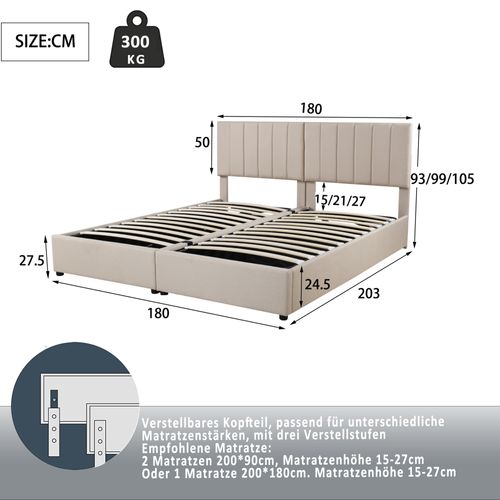 Lit Coffre Lit Double 180x200 Cm Convertible En Deux Lits Simples, Avec Rangement, Lin Beige