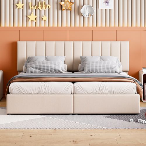Lit Coffre Lit Double 180x200 Cm Convertible En Deux Lits Simples, Avec Rangement, Lin Beige