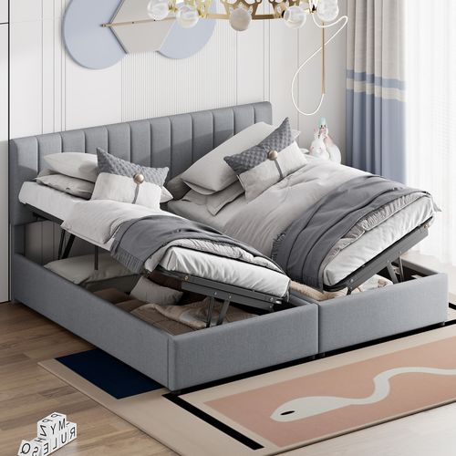 Lit Coffre Lit Double 180x200 Cm Convertible En Deux Lits Simples, Avec Rangement, Lin Gris