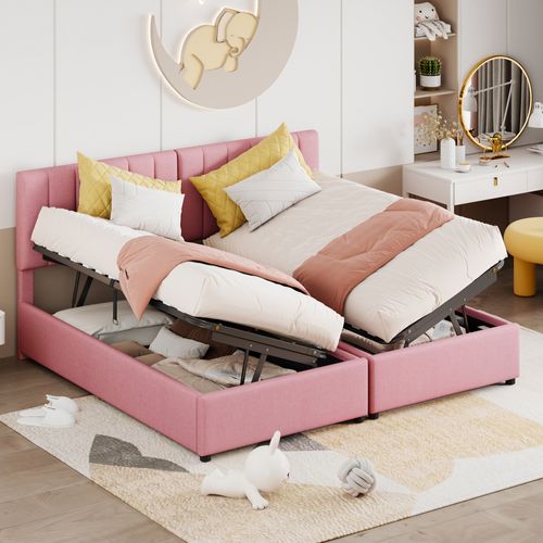 Lit Coffre Lit Double 180x200 Cm Convertible En Deux Lits Simples, Avec Rangement, Lin Rose