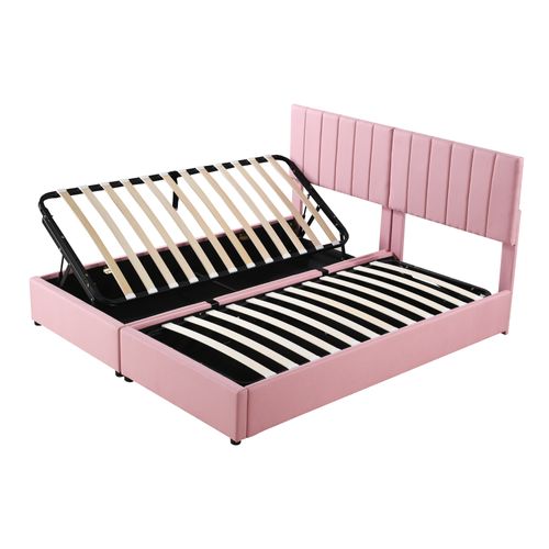 Lit Coffre Lit Double 180x200 Cm Convertible En Deux Lits Simples, Avec Rangement, Lin Rose