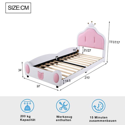 Lit Enfant Lit Simple 90x200 Cm Avec Tête De Lit En Forme De Couronne, Pu Rose + Blanc
