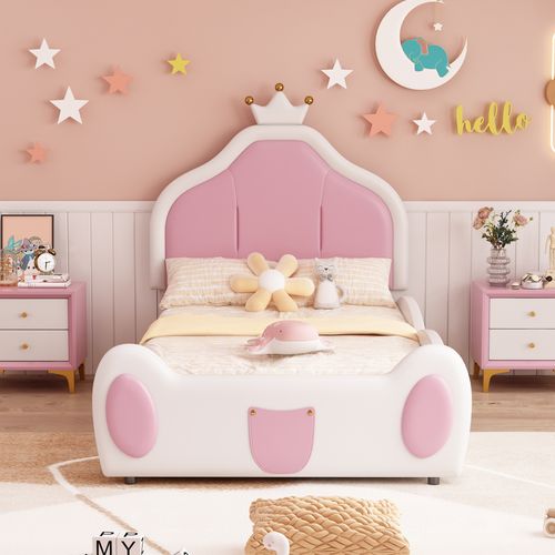 Lit Enfant Lit Simple 90x200 Cm Avec Tête De Lit En Forme De Couronne, Pu Rose + Blanc