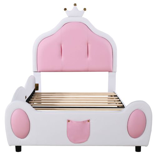 Lit Enfant Lit Simple 90x200 Cm Avec Tête De Lit En Forme De Couronne, Pu Rose + Blanc