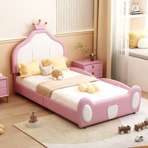 Lit Enfant Lit Simple 90x200 Cm Avec Tête De Lit En Forme De Couronne, Pu Blanc + Rose