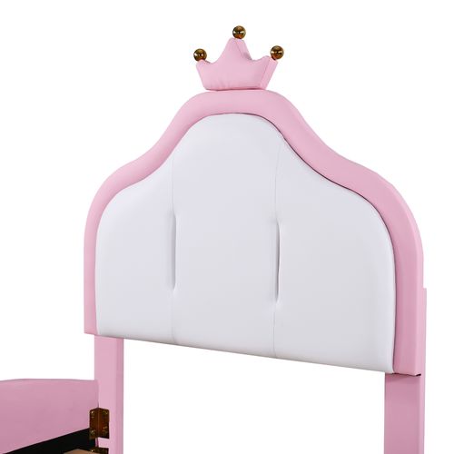 Lit Enfant Lit Simple 90x200 Cm Avec Tête De Lit En Forme De Couronne, Pu Blanc + Rose
