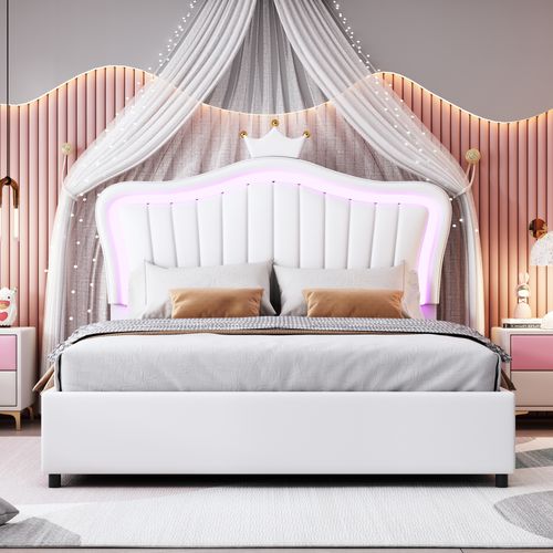 Lit Coffre Lit Double 140x200 Cm Avec Éclairage LED, Tête De Lit En Forme De Couronne, Pu Blanc