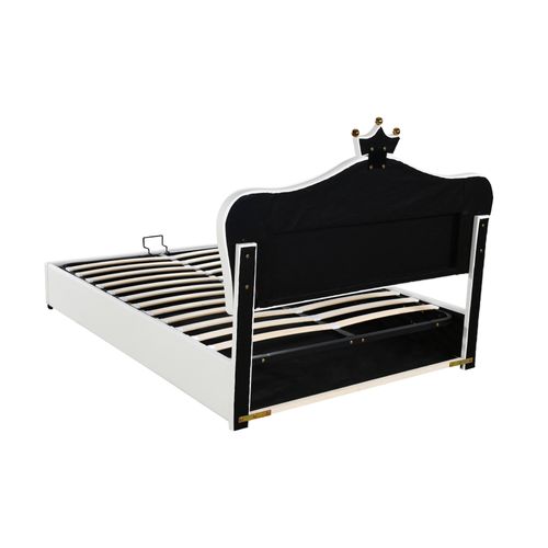 Lit Coffre Lit Double 140x200 Cm Avec Éclairage LED, Tête De Lit En Forme De Couronne, Pu Blanc