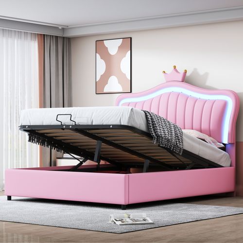 Lit Coffre Lit Double 140x200 Cm Avec Éclairage LED, Tête De Lit En Forme De Couronne, Pu Rose
