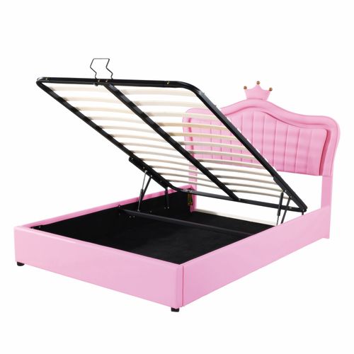 Lit Coffre Lit Double 140x200 Cm Avec Éclairage LED, Tête De Lit En Forme De Couronne, Pu Rose