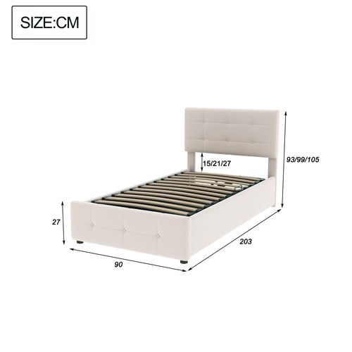 Lit Coffre 90x200 Cm, Lit Simple, Tête De Lit Réglable, Sommiers, En Velours Beige, Mdf Et Métal