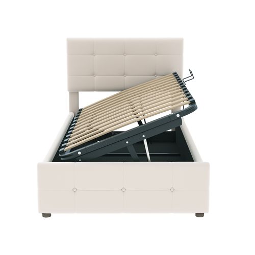 Lit Coffre 90x200 Cm, Lit Simple, Tête De Lit Réglable, Sommiers, En Velours Beige, Mdf Et Métal