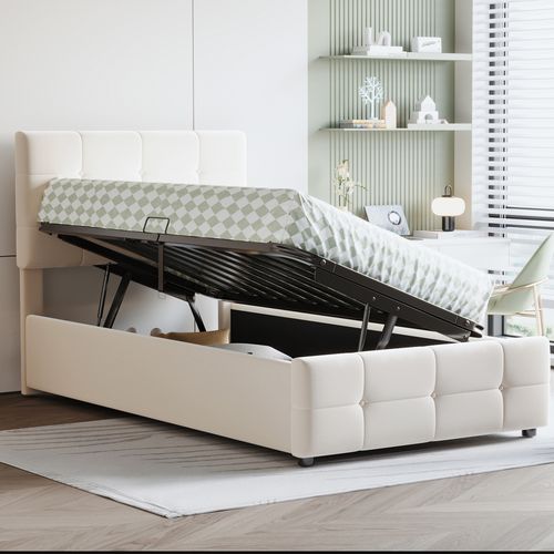 Lit Coffre 90x200 Cm, Lit Simple, Tête De Lit Réglable, Sommiers, En Velours Beige, Mdf Et Métal