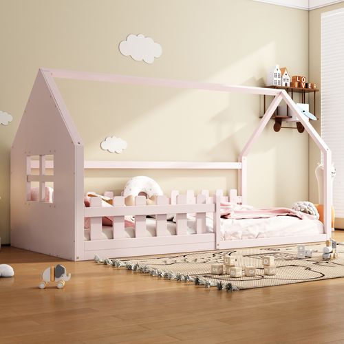 Lit Cabane Enfant 90x200 Cm, Lit Simple Avec Garde-corps, Sommier, Forme De Maison, Pin Rose