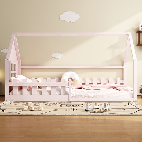 Lit Cabane Enfant 90x200 Cm, Lit Simple Avec Garde-corps, Sommier, Forme De Maison, Pin Rose
