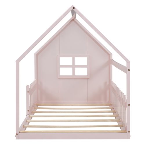 Lit Cabane Enfant 90x200 Cm, Lit Simple Avec Garde-corps, Sommier, Forme De Maison, Pin Rose