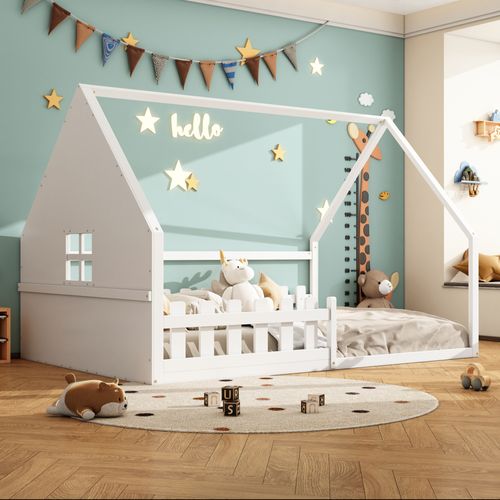 Lit Cabane Enfant 140x200 Cm, Lit Double Avec Garde-corps, Sommier, Forme De Maison, Pin Blanc