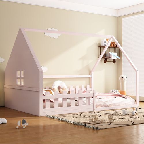 Lit Cabane Enfant 140x200 Cm, Lit Double Avec Garde-corps, Sommier, Forme De Maison, Pin Rose
