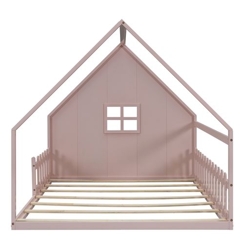 Lit Cabane Enfant 140x200 Cm, Lit Double Avec Garde-corps, Sommier, Forme De Maison, Pin Rose