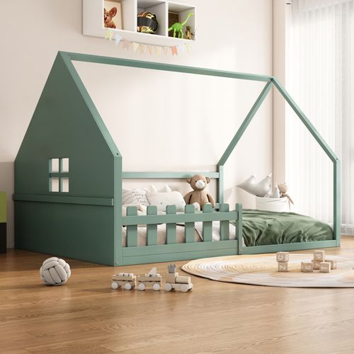 Lit Cabane Enfant 140x200 Cm, Lit Double Avec Garde-corps, Sommier, Forme De Maison, Pin Vert