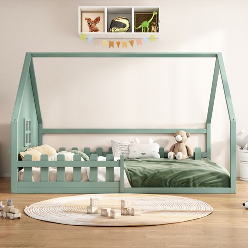 Lit Cabane Enfant 140x200 Cm, Lit Double Avec Garde-corps, Sommier, Forme De Maison, Pin Vert