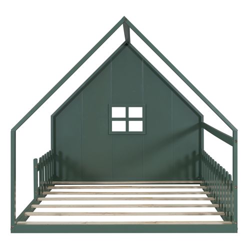 Lit Cabane Enfant 140x200 Cm, Lit Double Avec Garde-corps, Sommier, Forme De Maison, Pin Vert