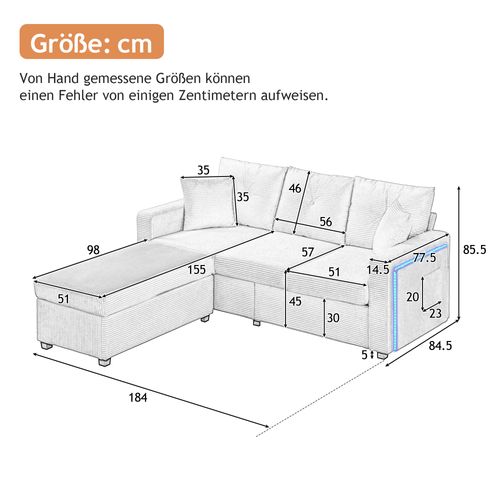 Canapé D’angle Convertible 184×155×85,5 Cm, Canapé 3 Pl+pouf, LED, Poche Latérale, Tissu Beige