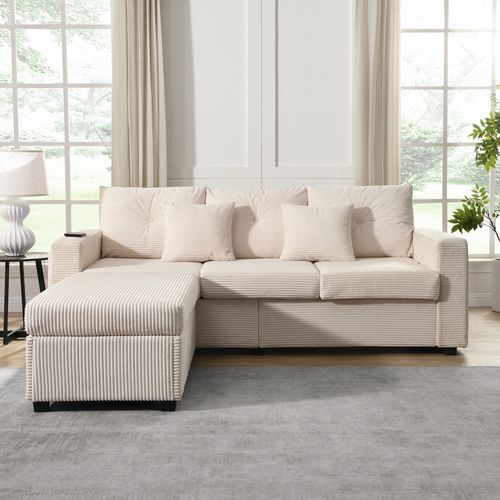 Canapé D’angle Convertible 184×155×85,5 Cm, Canapé 3 Pl+pouf, LED, Poche Latérale, Tissu Beige