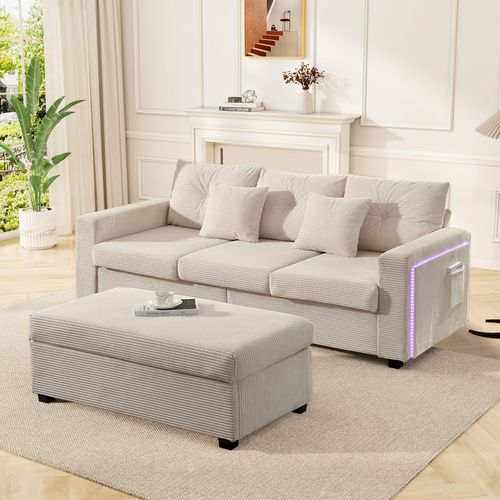 Canapé D’angle Convertible 184×155×85,5 Cm, Canapé 3 Pl+pouf, LED, Poche Latérale, Tissu Beige