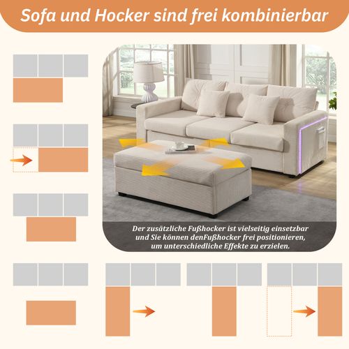 Canapé D’angle Convertible 184×155×85,5 Cm, Canapé 3 Pl+pouf, LED, Poche Latérale, Tissu Beige