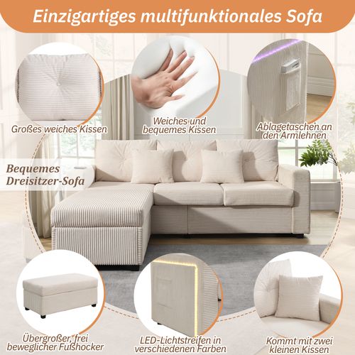 Canapé D’angle Convertible 184×155×85,5 Cm, Canapé 3 Pl+pouf, LED, Poche Latérale, Tissu Beige