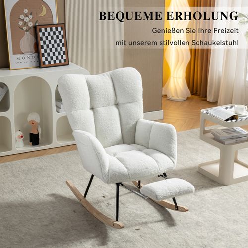 Fauteuil à Bascule 80x98x98,5 Cm, Repose-pieds Escamotable, Poche Latérale, Tissu Teddy Blanc