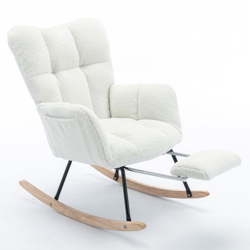 Fauteuil à Bascule 80x98x98,5 Cm, Repose-pieds Escamotable, Poche Latérale, Tissu Teddy Blanc