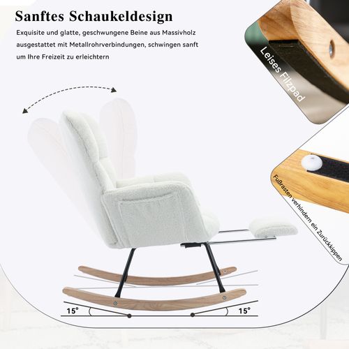 Fauteuil à Bascule 80x98x98,5 Cm, Repose-pieds Escamotable, Poche Latérale, Tissu Teddy Blanc