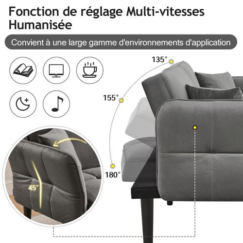 Canapé Droit 176x78x76 Cm, Canapé-lit 2 En 1 Réglable, Accoudoirs Rabattables, Velours Gris