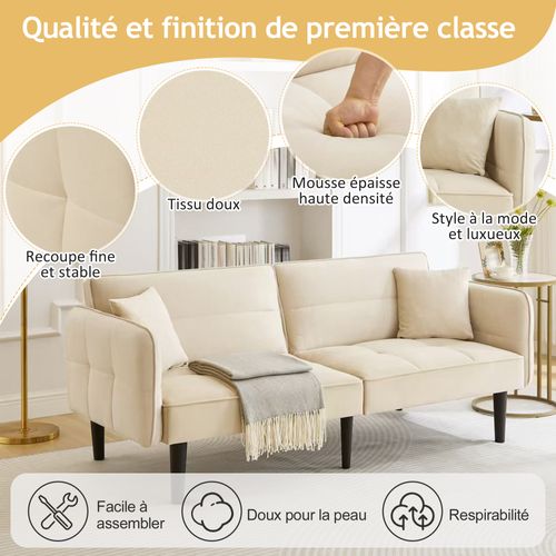 Canapé Droit 176x78x76 Cm, Canapé-lit 2 En 1 Réglable, Accoudoirs Rabattables, Velours Beige