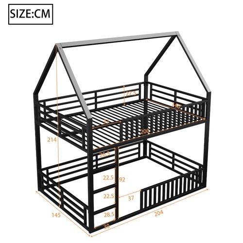 Lit Superposé Enfant 140x200 Cm, Lit Cabane Avec LED, Garde-corps, Un Seul Sommier, Métal Noir