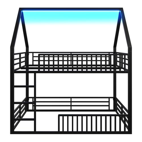 Lit Superposé Enfant 140x200 Cm, Lit Cabane Avec LED, Garde-corps, Un Seul Sommier, Métal Noir