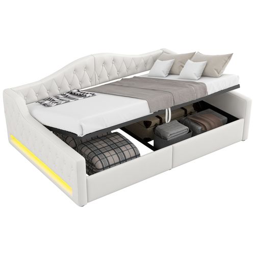 Lit Coffre Adulte 140x200 Cm, Canapé-lit, Lit Double Avec LED Et Sommier, Lin Beige