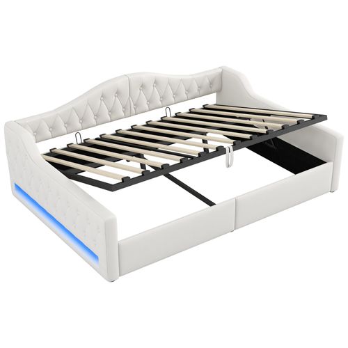 Lit Coffre Adulte 140x200 Cm, Canapé-lit, Lit Double Avec LED Et Sommier, Lin Beige