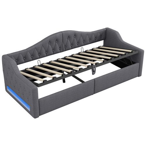 Lit Coffre Enfant 90x200 Cm, Canapé-lit, Lit Simple Avec LED Et Sommier, Lin Gris