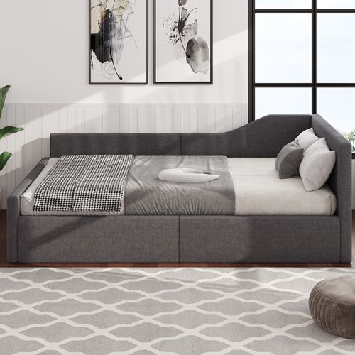 Lit Coffre Enfant 140x200 Cm, Canapé-lit, Lit Double Avec Espace De Rangement Et Sommier, Lin Gris