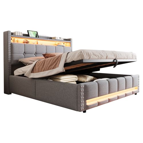 Lit Coffre Adulte 160x200 Cm, Lit Double, LED, USB, Tête De Lit Avec Rangement, Sommier, Lin Gris