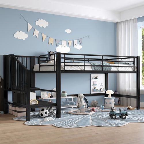 Lit Mezzanine 90x200 Cm Lit Simple, Lit Enfant Avec Escalier De Rangement, Métal, Noir