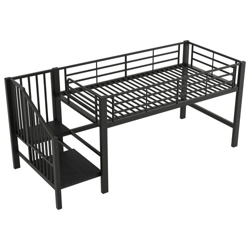 Lit Mezzanine 90x200 Cm Lit Simple, Lit Enfant Avec Escalier De Rangement, Métal, Noir