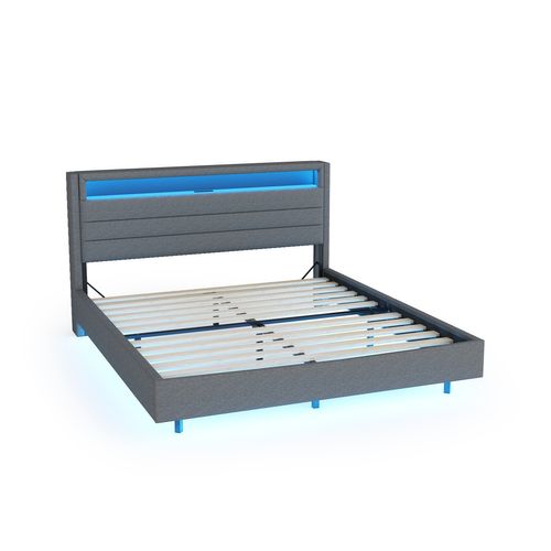 Lit Double 140x200cm Lit Adulte Avec Tête De Lit De Rangement, Prises USB, LED, Lin, Gris