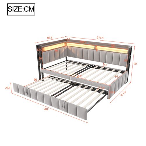 Lit Enfant 90x200cm Avec Lit Gigogne, LED, Ports USB+type-c, Canapé-lit Avec Rangement, Velours Gris